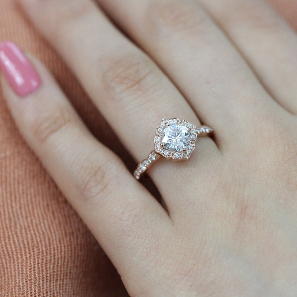 1.0 CT Cushion Cut Vintage Halo Style Moissanite Engagement Ring