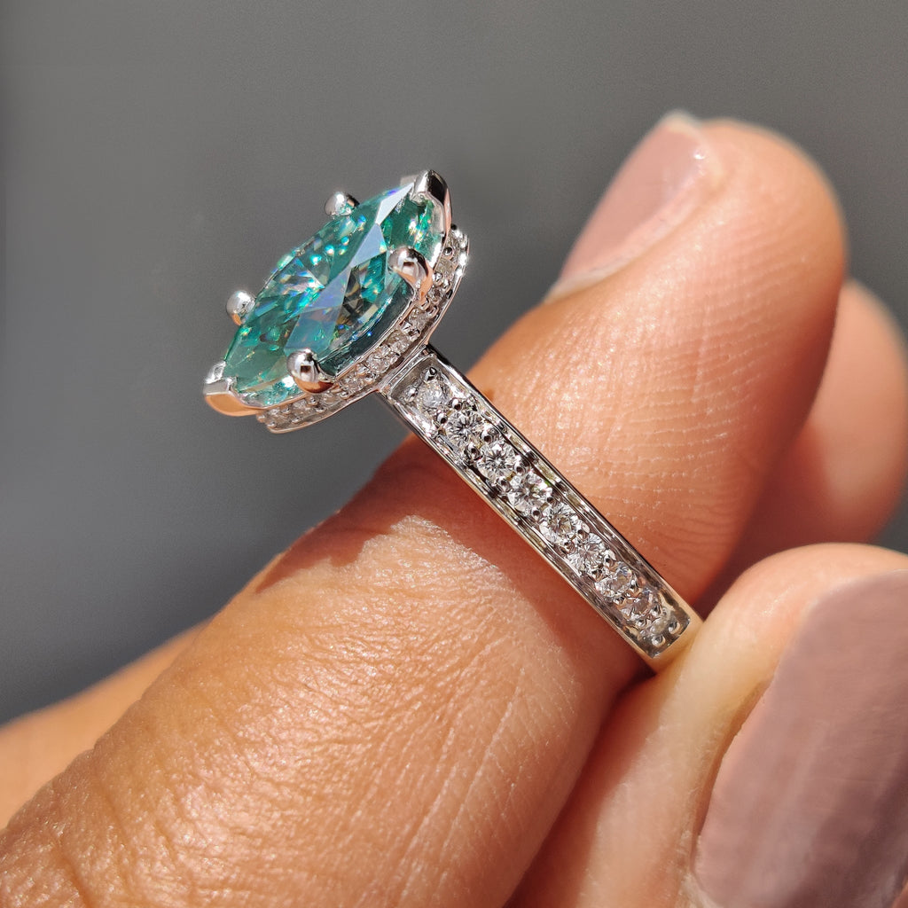 Cyan Blue Marquise Moissanite Ring With Pave Band