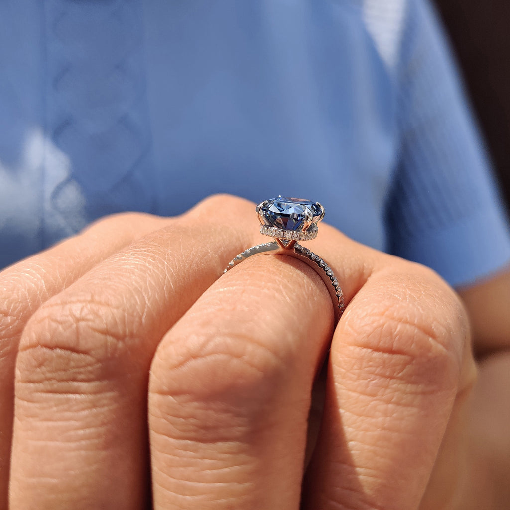 Royal Dark Blue Oval Hidden Halo Engagement Ring
