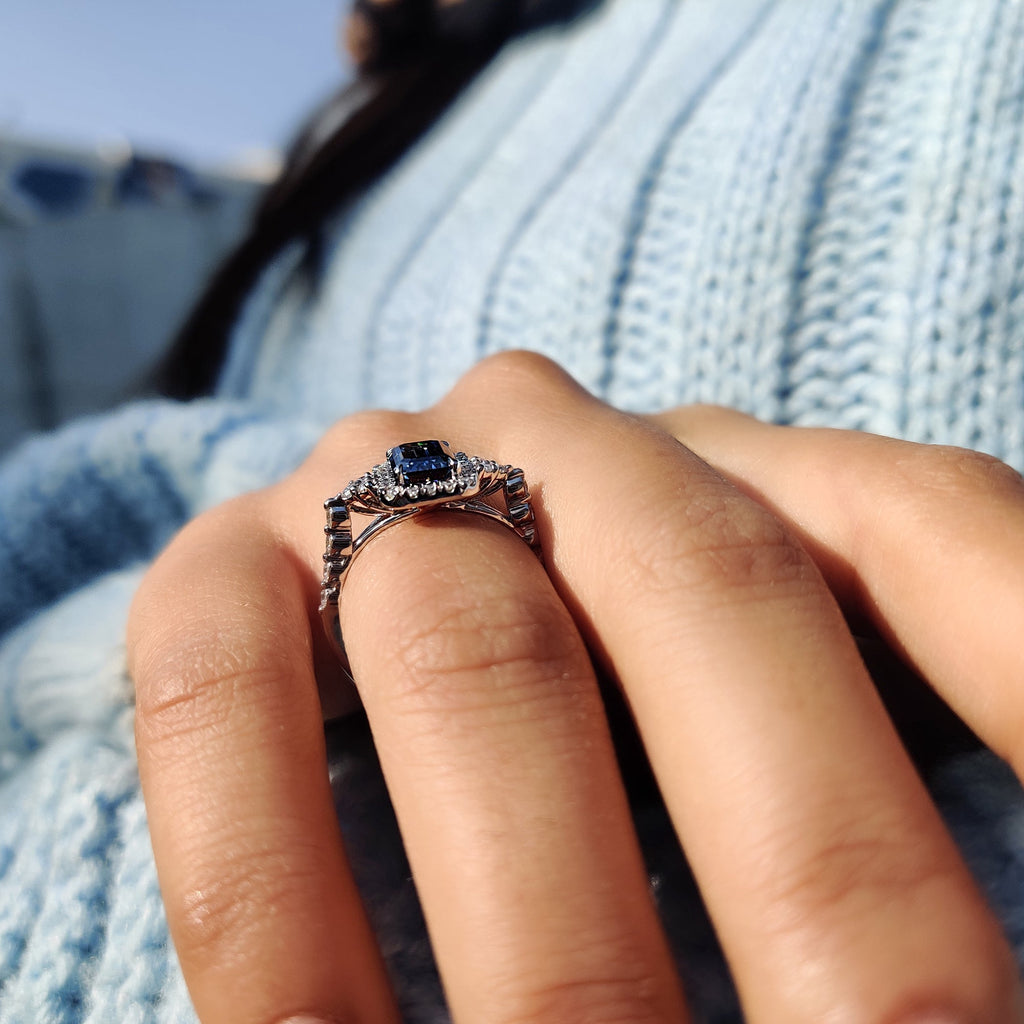 Blue Emerald Cut Engagement Ring In Muse Style