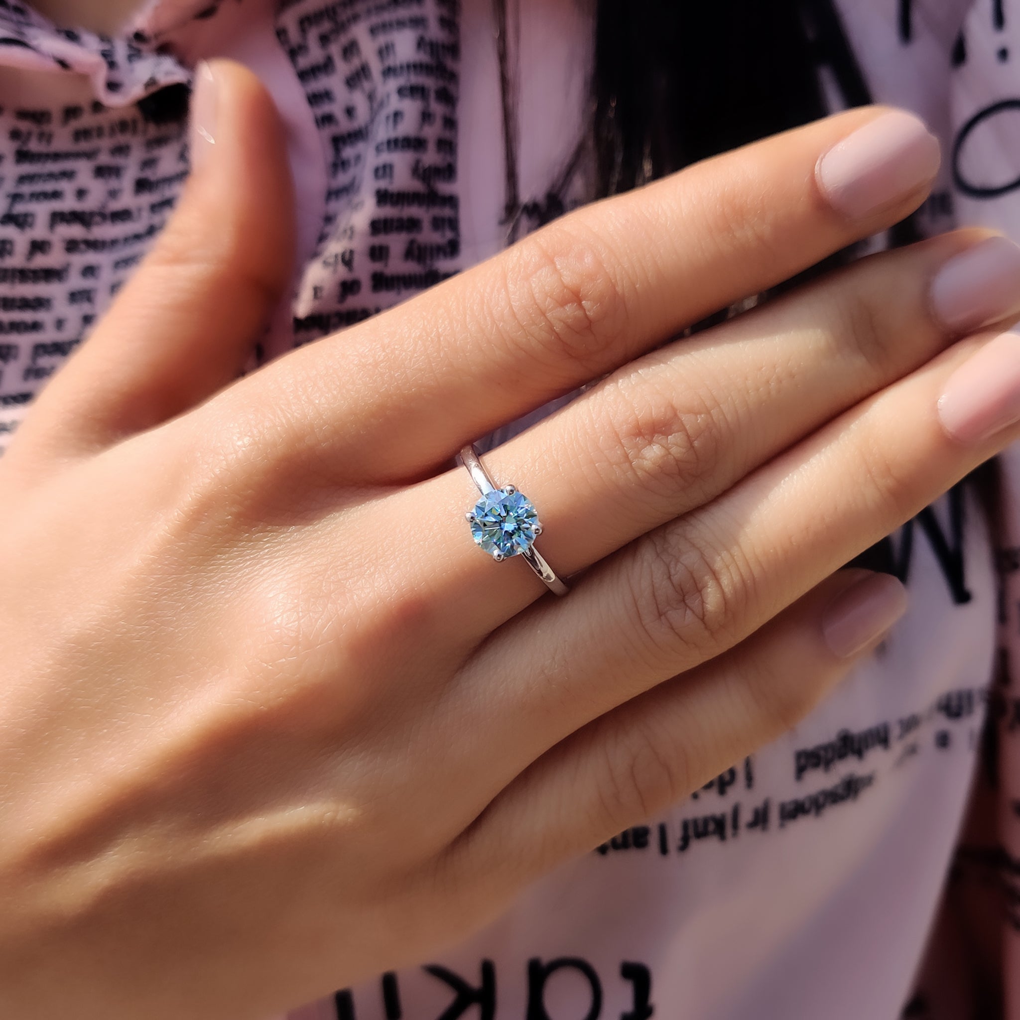 Moissanite Solitaire Ring In Cyan Blue Stone