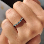 Curved Wedding Band With Round Cut Cyan Blue Stone