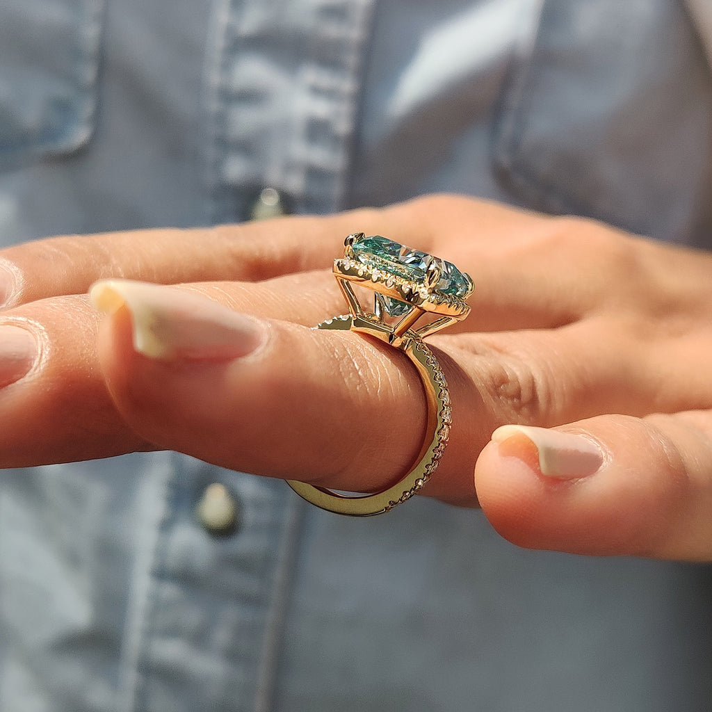 Cyan Blue Cushion Ring With Halo Setting