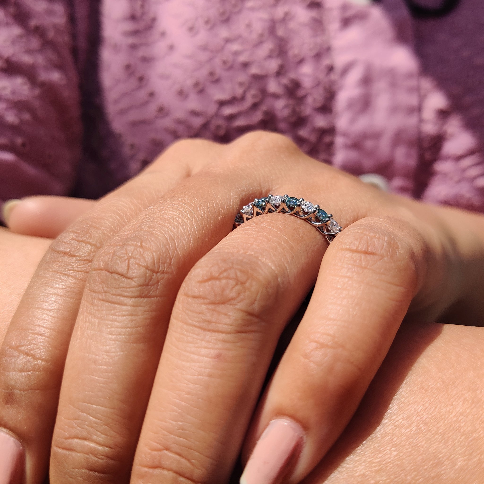 Round Cut Cyan Blue Full Eternity Wedding Band