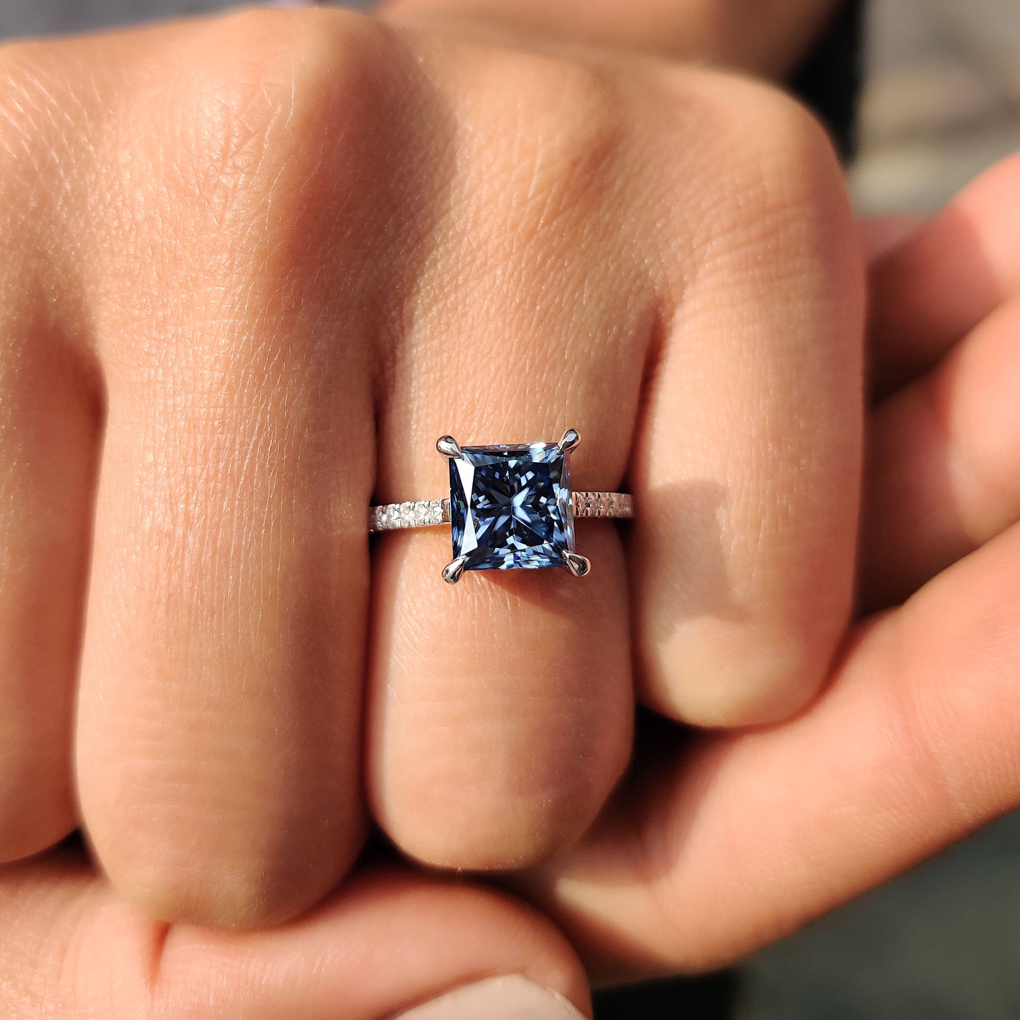 Royal Dark Blue Princess Cut Engagement Ring