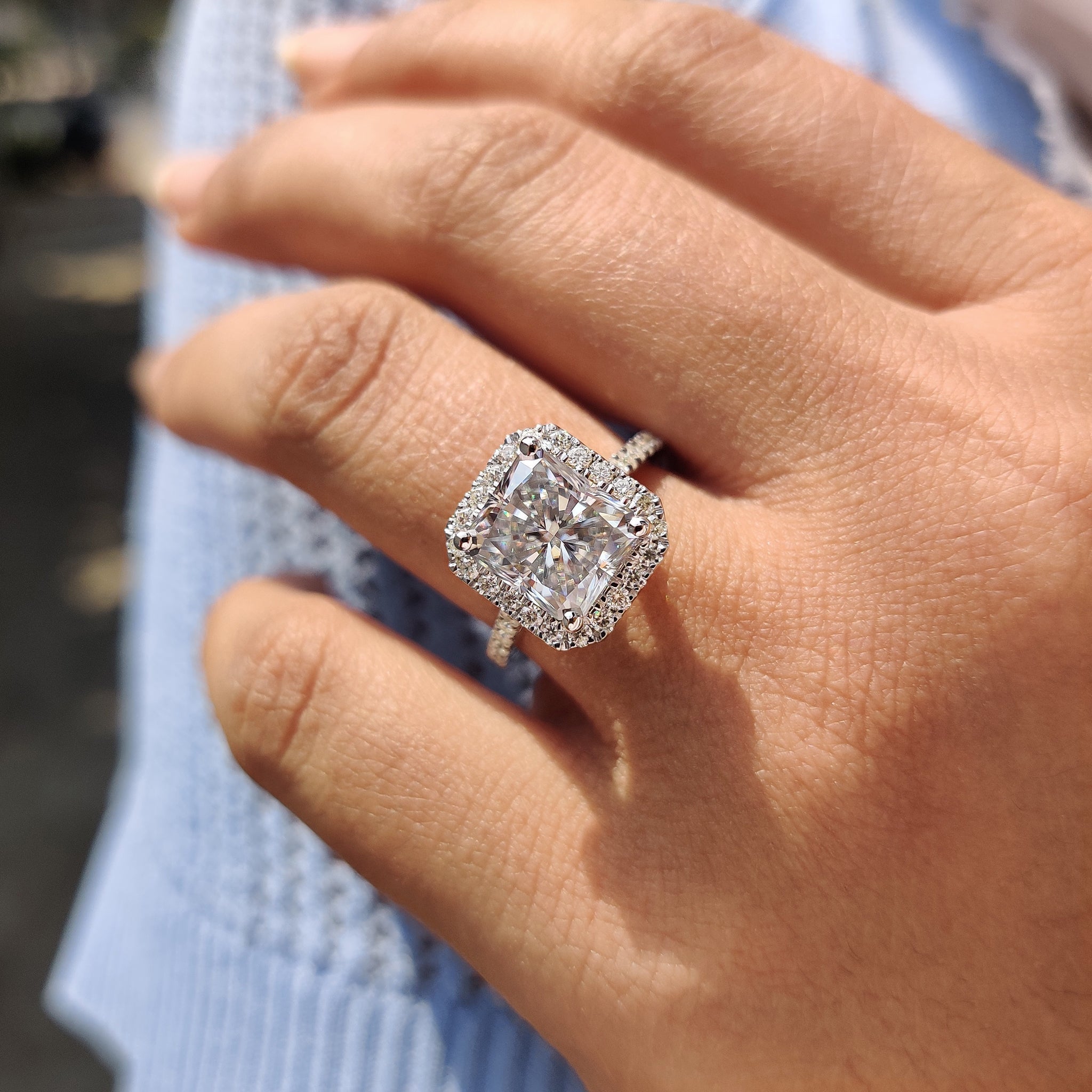 Radiant Halo Engagement Ring With Pave Band