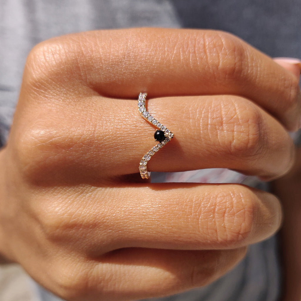 V Shaped Wedding Band With Black Stone