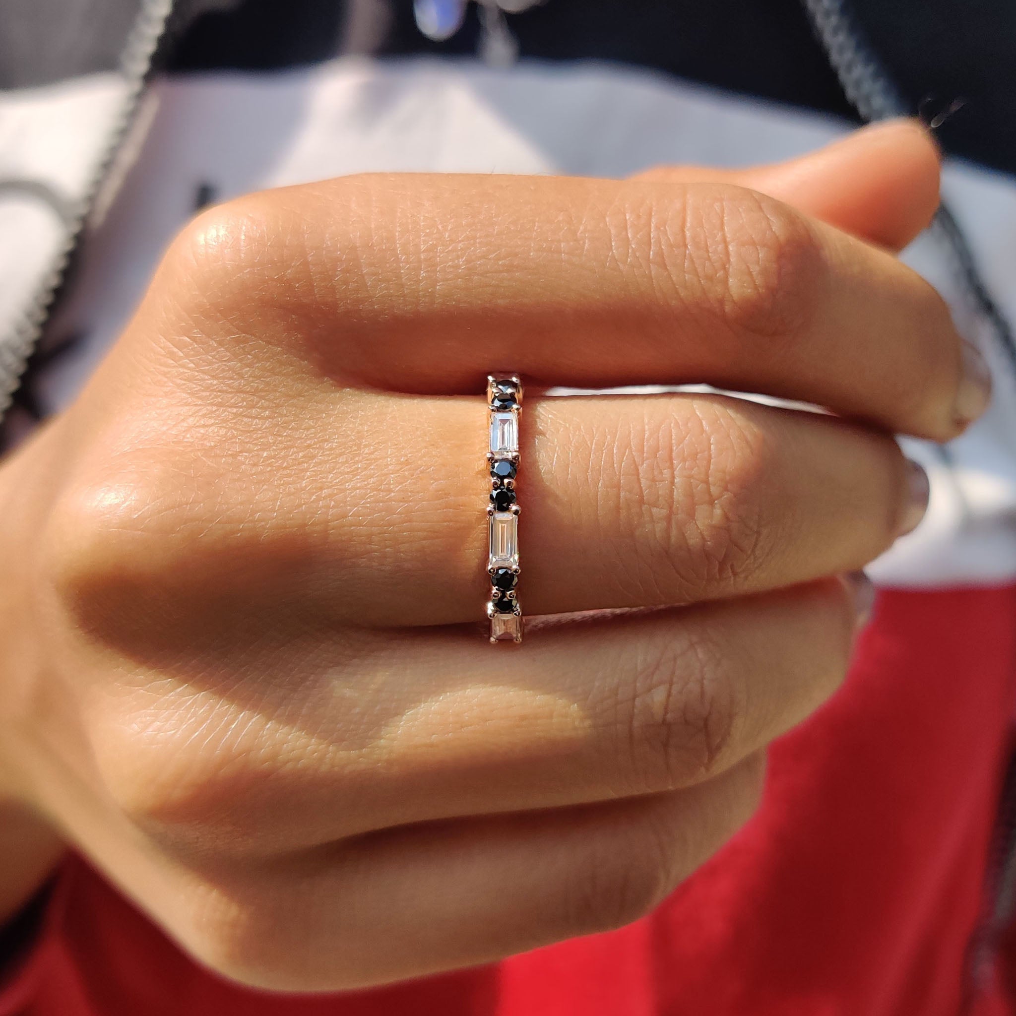 Baguette And Round Wedding Band With Black Moissanite