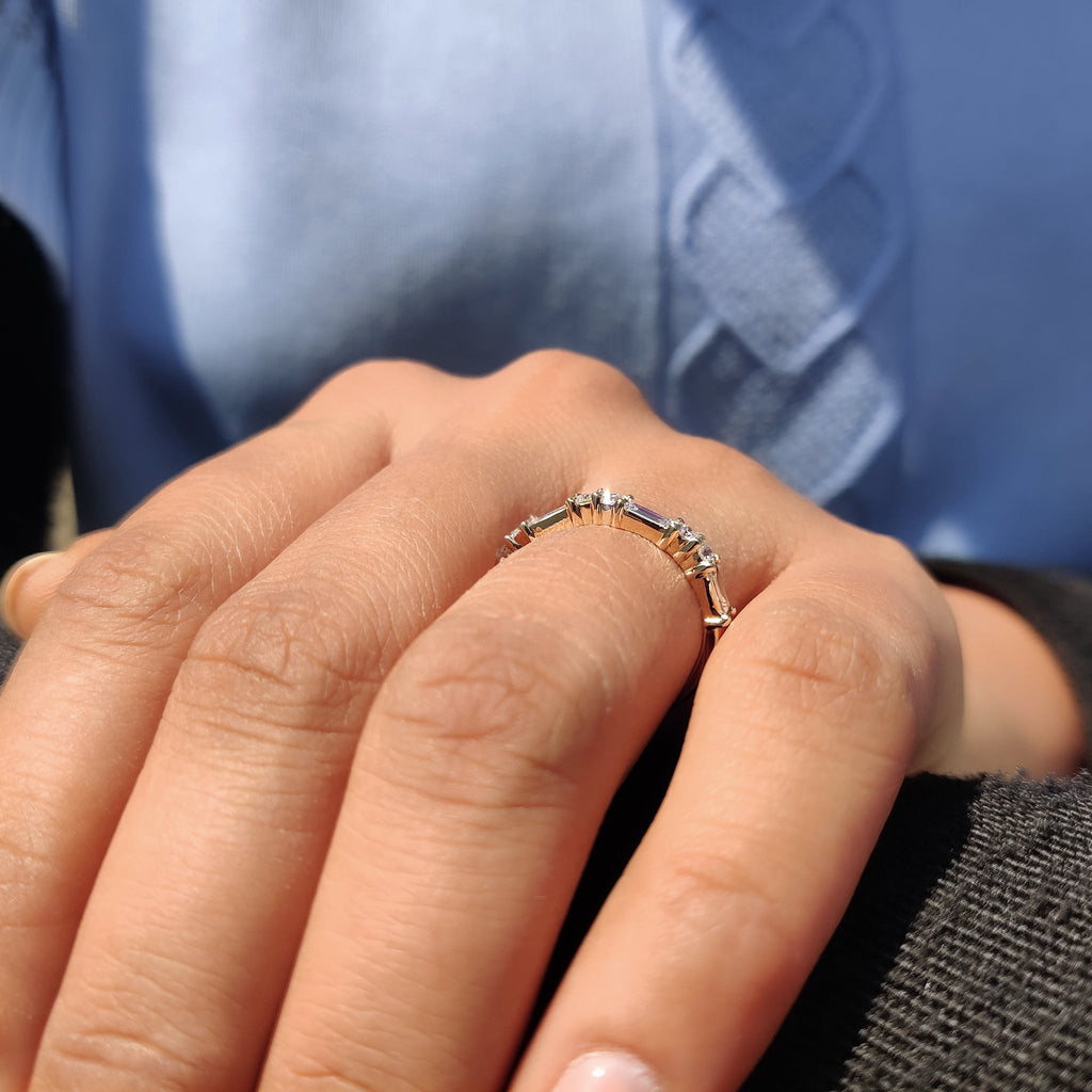 Round And Baguette Diamond Wedding Band In Half Eternity Style