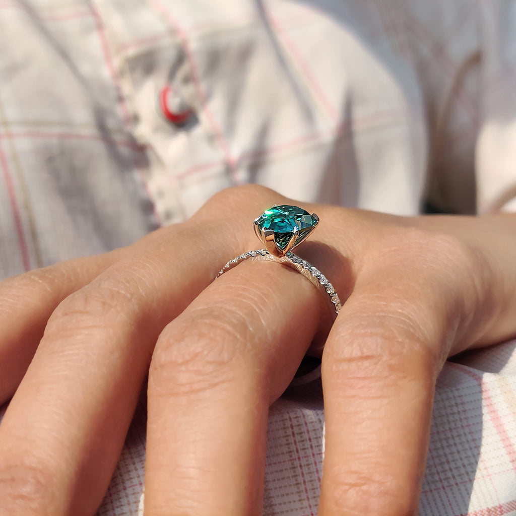 Green Moissanite Pear Ring With Pave Band