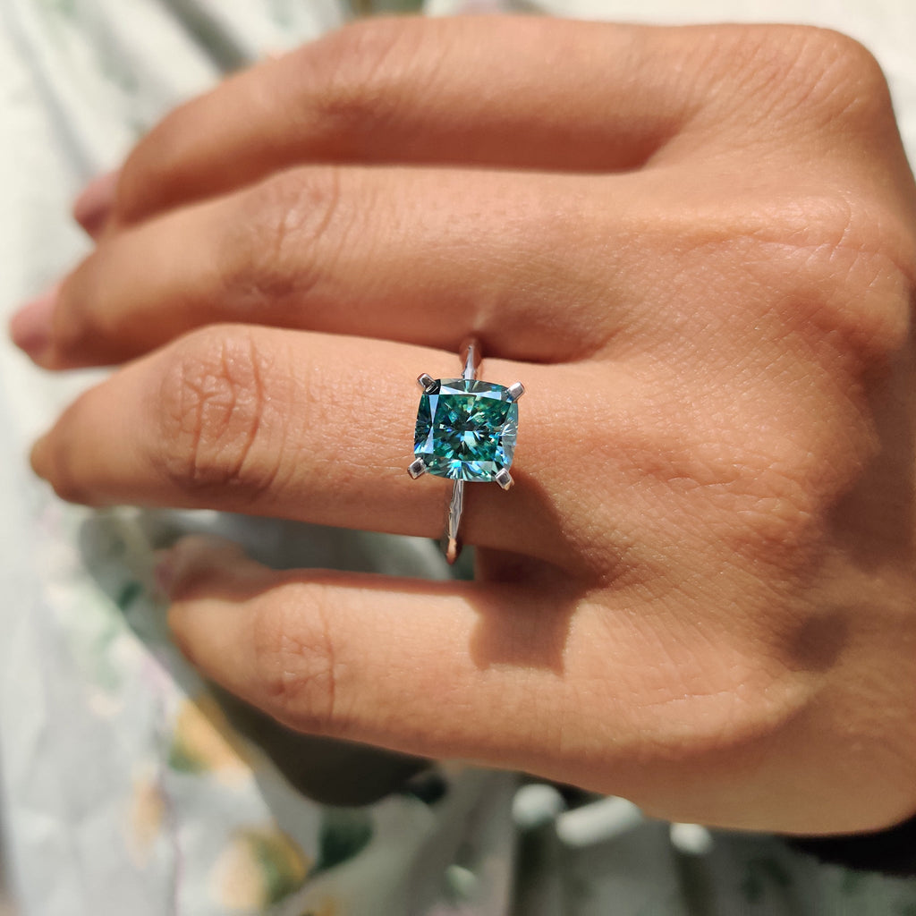 Cyan Blue Cushion Cut Gold Solitaire Engagement Ring