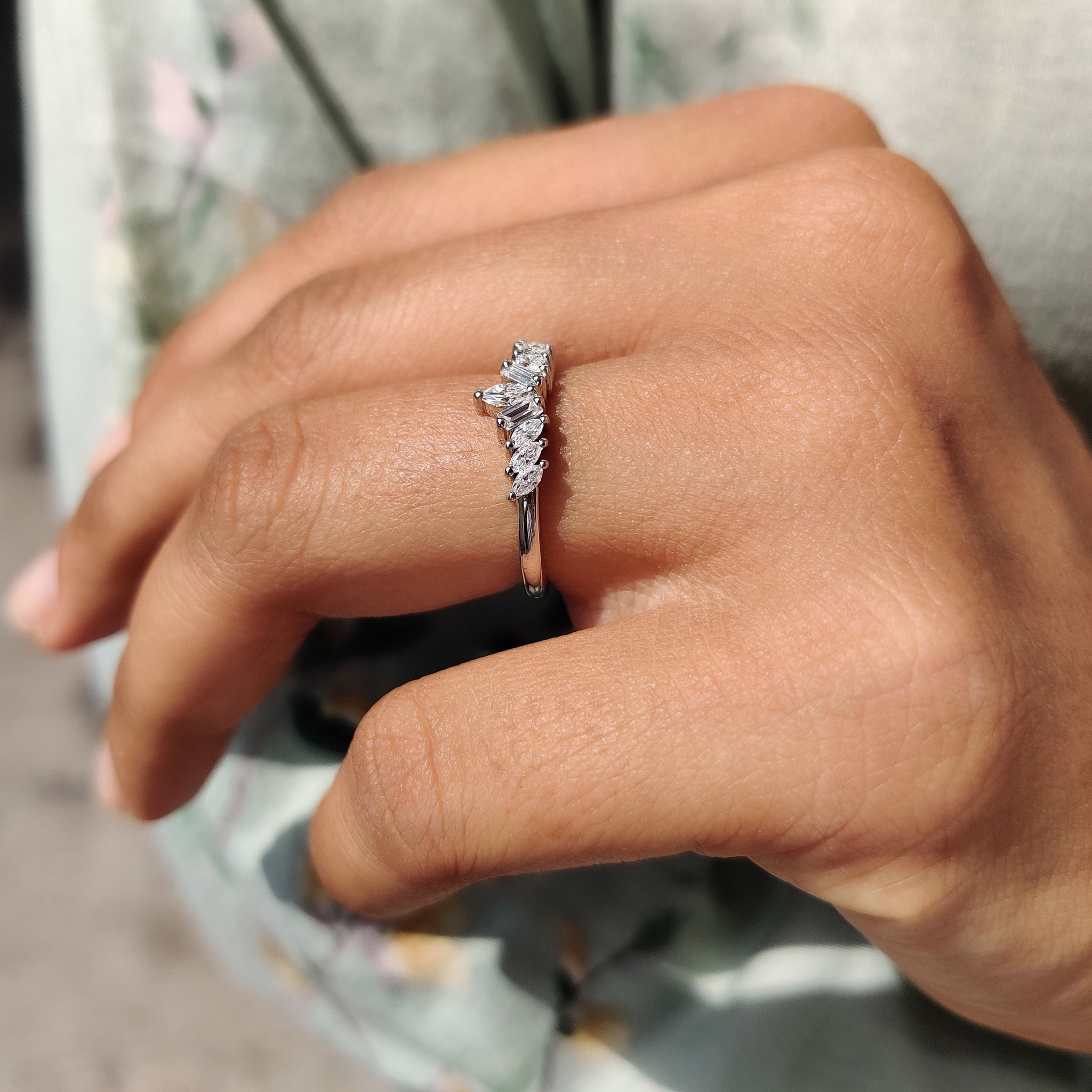 Curved Wedding Band With Marquise And Baguette Stone