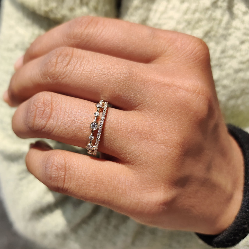Double Row Wedding Band With Round Cut Bezel Set