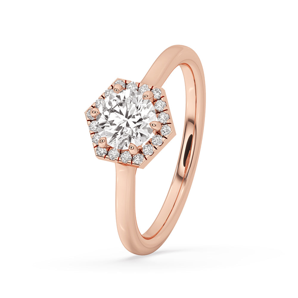 Hexagon Shape Halo Engagement Ring In Rose Gold