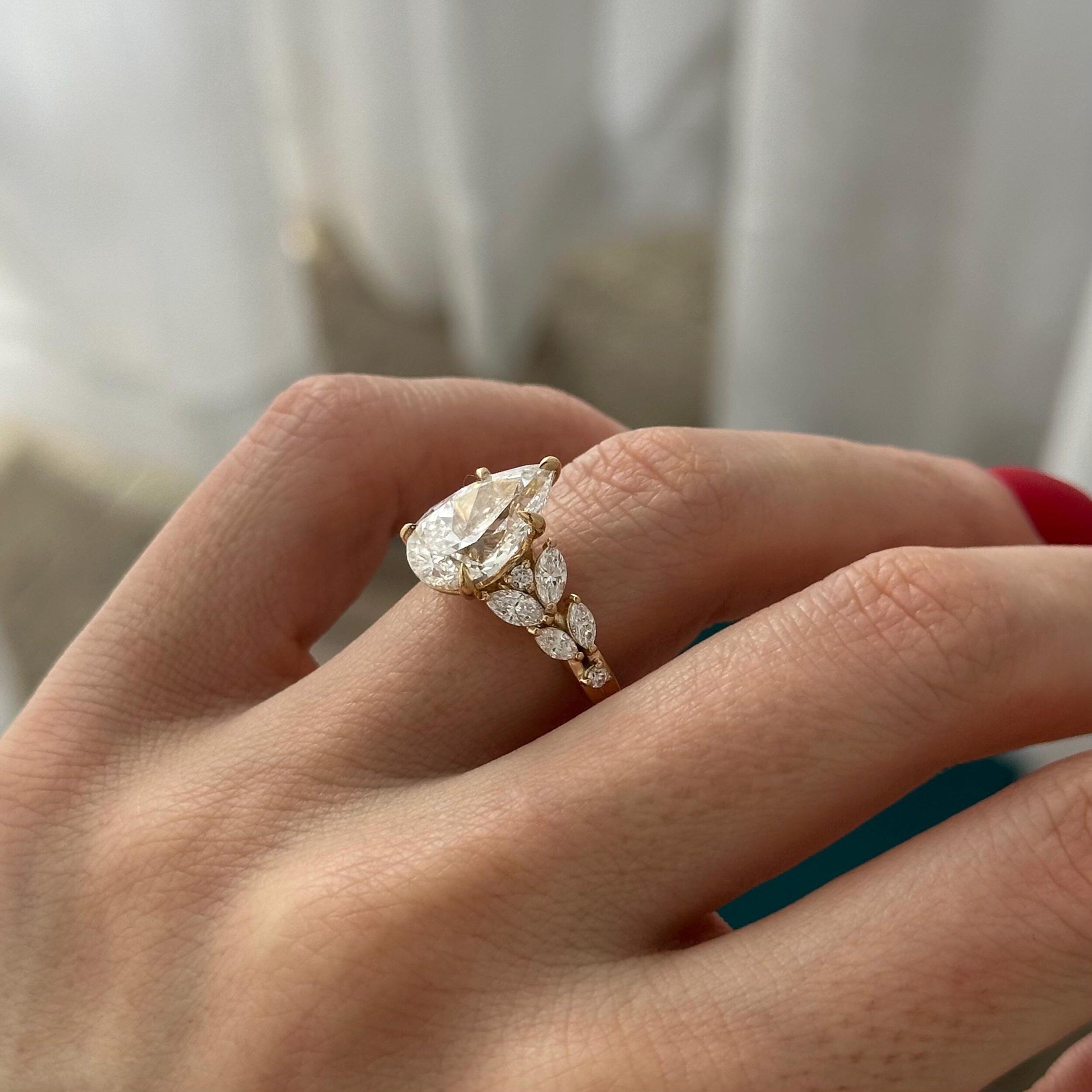 4.0 CT Pear Cut Moissanite Cluster Style Engagement Ring