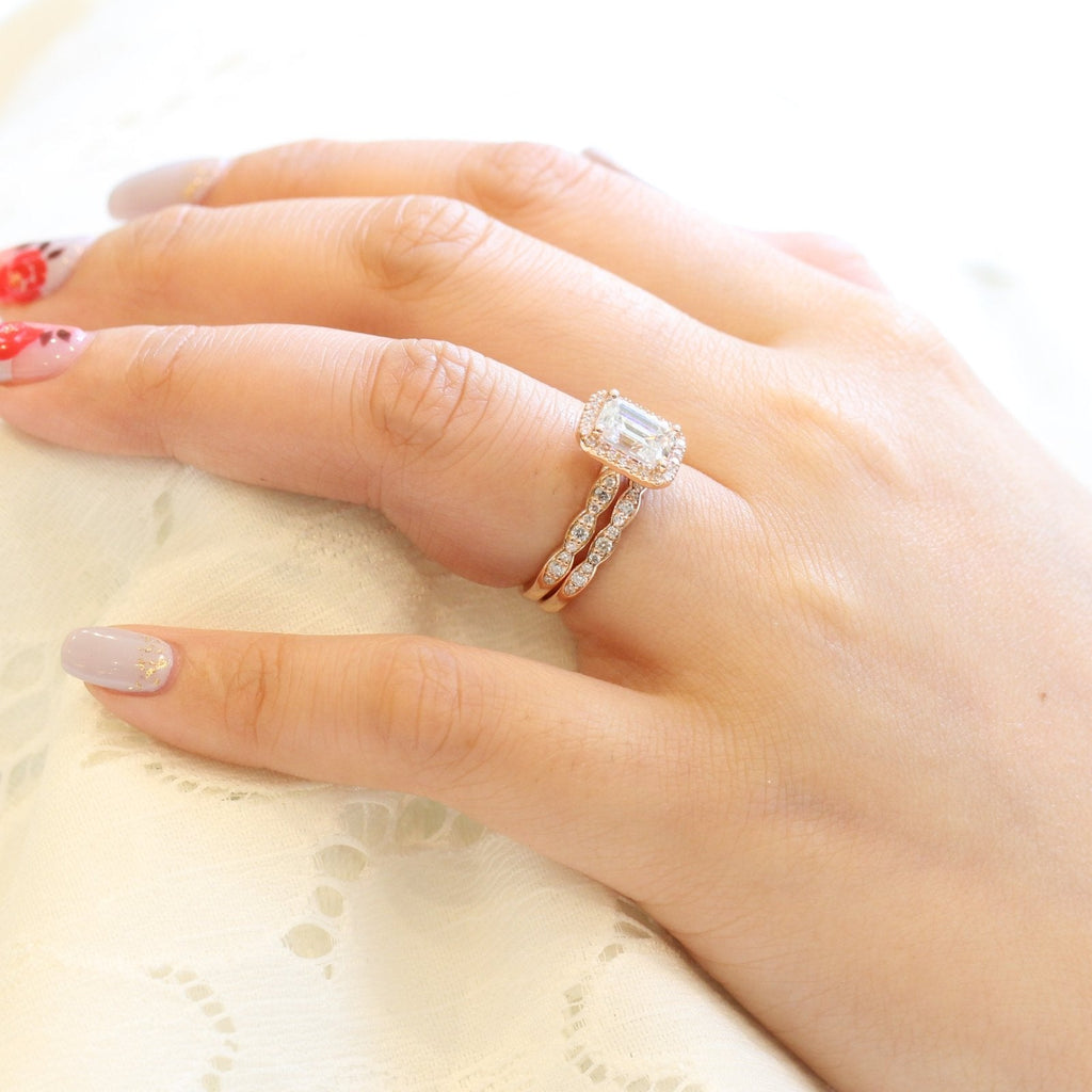 1.60CT Emerald Cut Moissanite Halo Bridal Ring Set