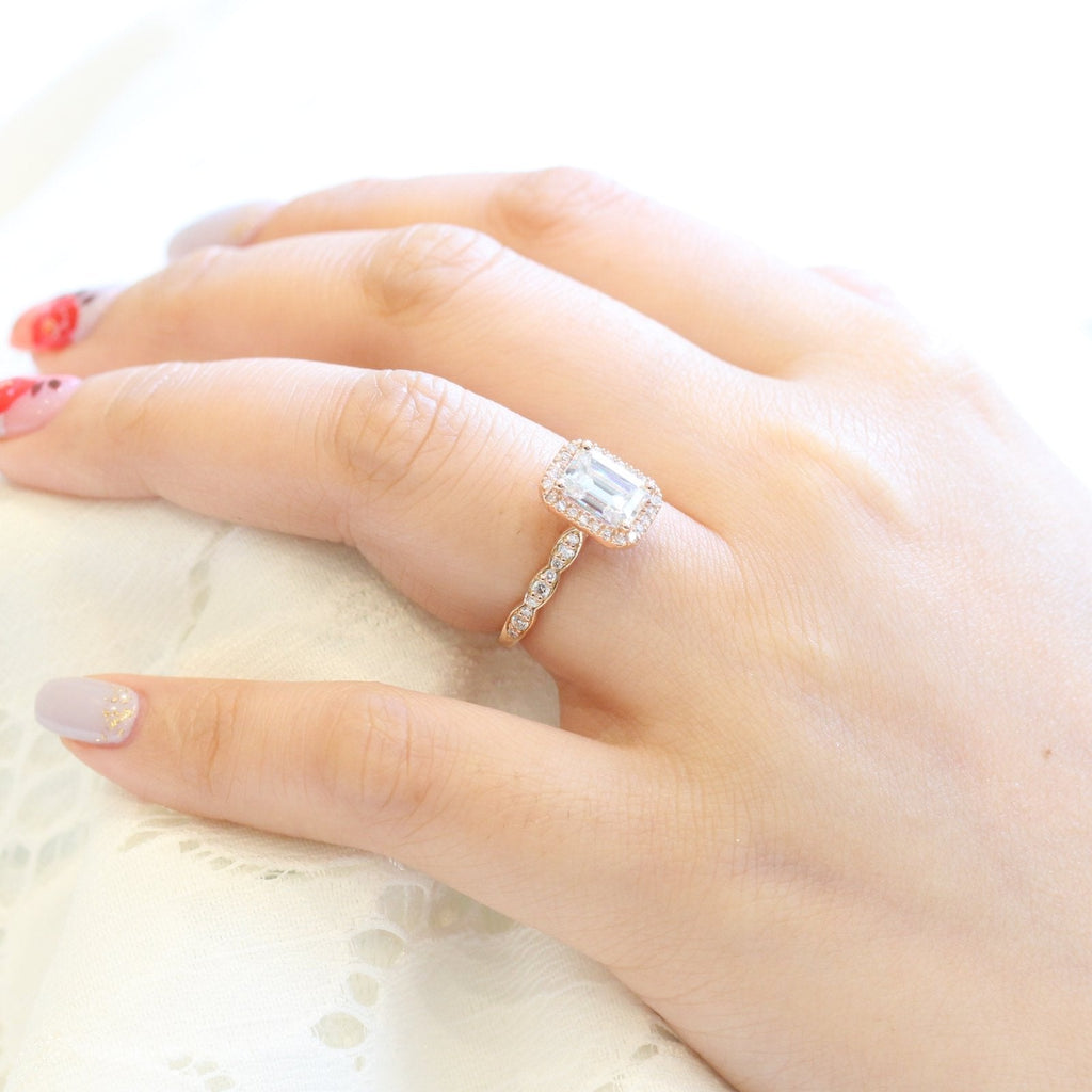 1.60 CT Emerald Cut Moissanite Halo Engagement Ring