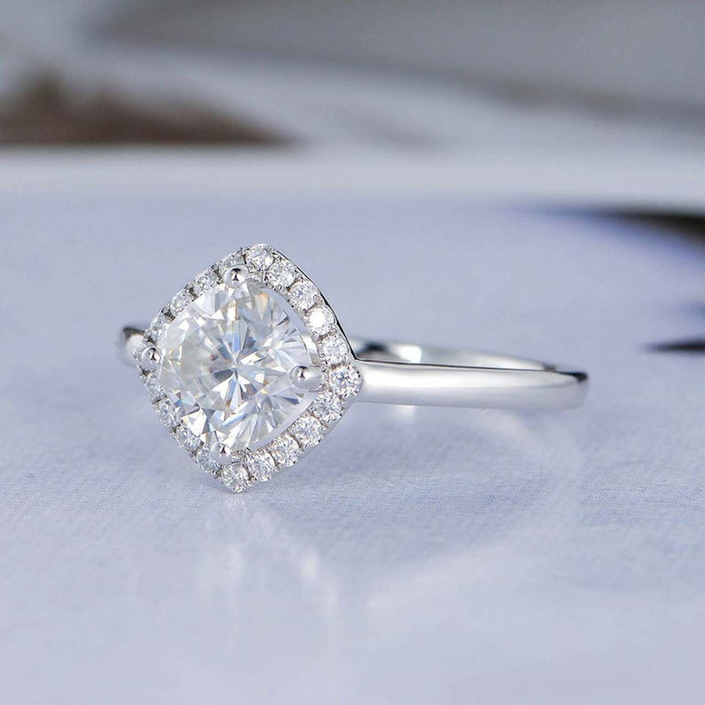 1.0CT Cushion Cut Halo Style Moissanite Diamond Engagement Ring