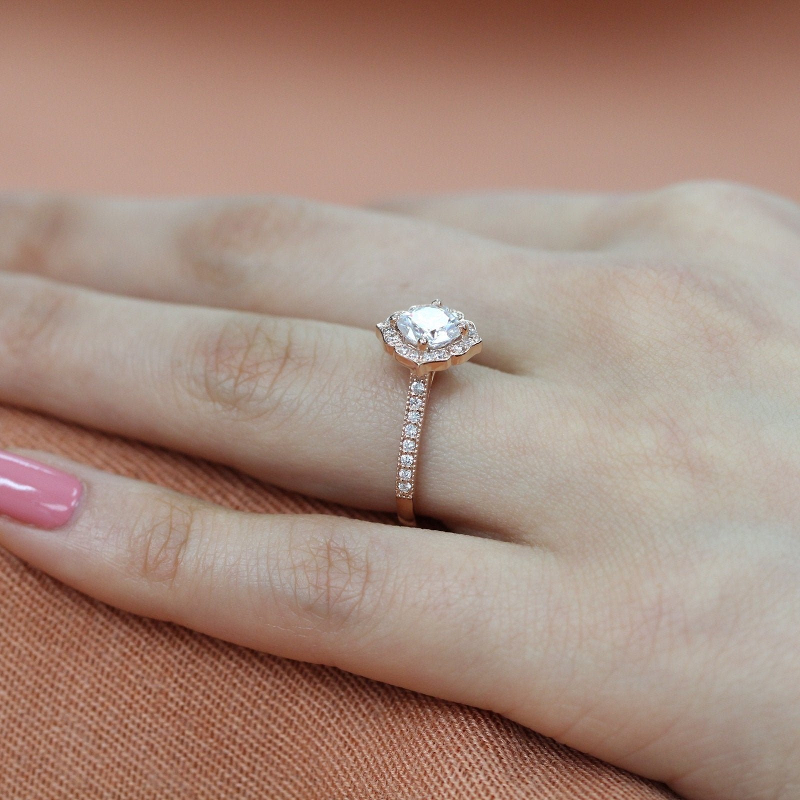 1.0 CT Cushion Cut Vintage Halo Style Moissanite Engagement Ring