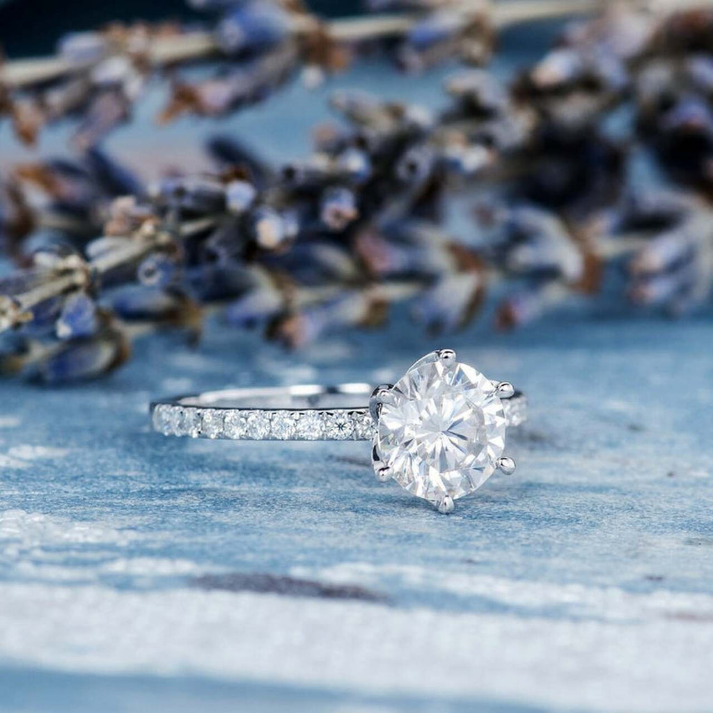 1.0 CT Round Brilliant Cut Pave Style Moissanite Engagement Ring