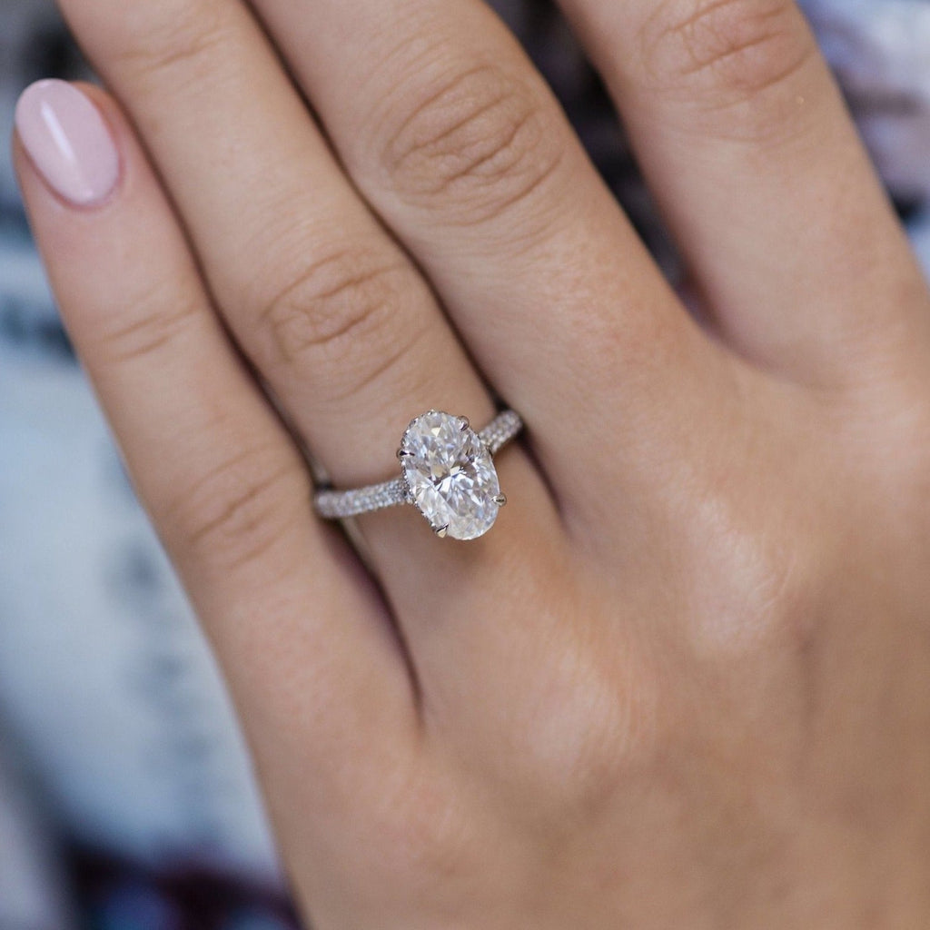 3.0 CT Oval Cut Moissanite Hidden Halo & Pave Setting Engagement Ring