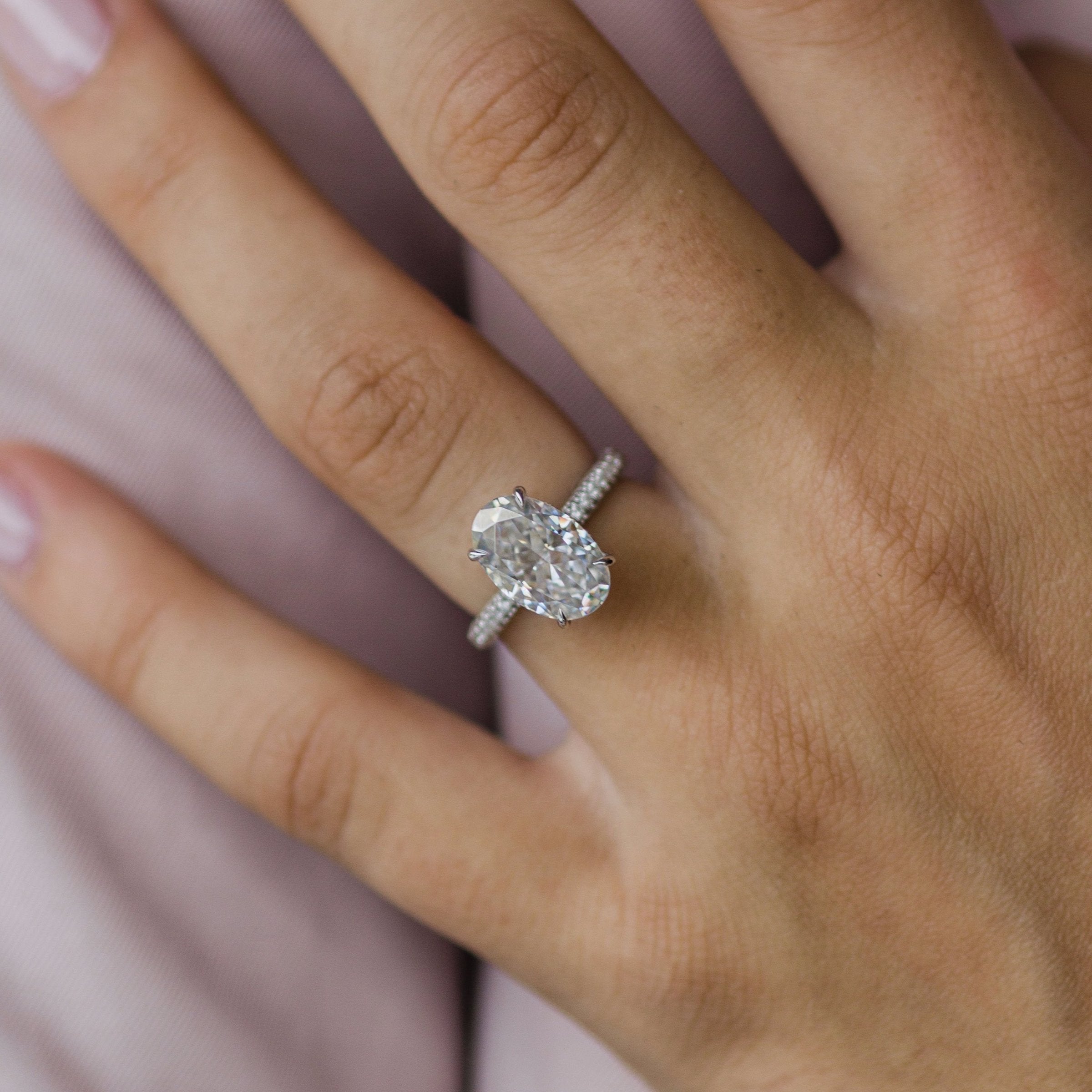 3.40 CT Oval Moissanite Hidden Halo Triple Pave Setting Engagement Ring