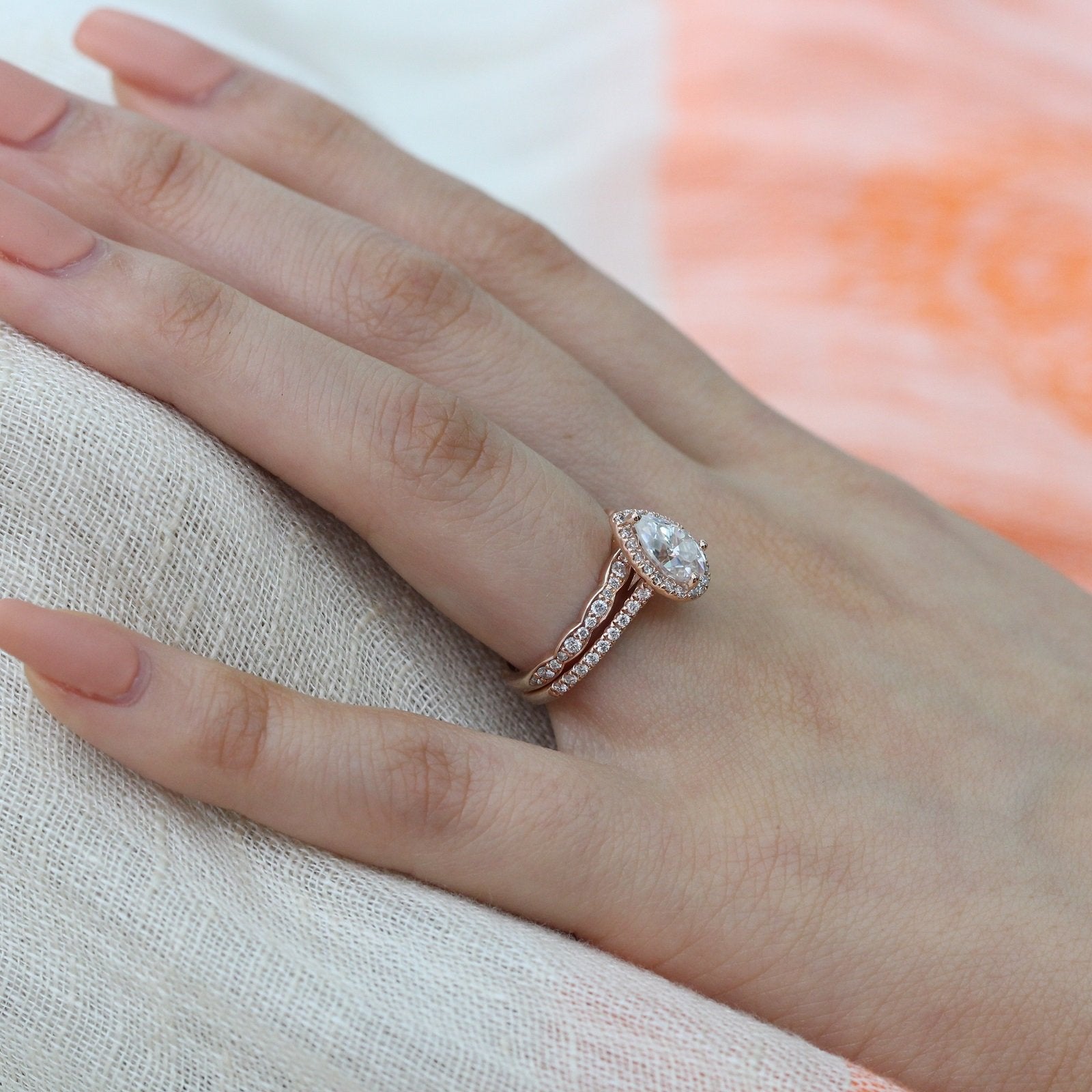 1.50CT Pear Cut Moissanite Halo Bridal Ring Set