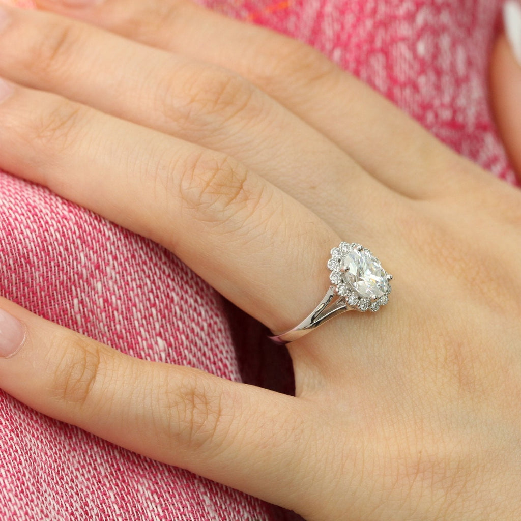 1.50 CT Oval Cut Moissanite Halo Split Shank Style Engagement Ring