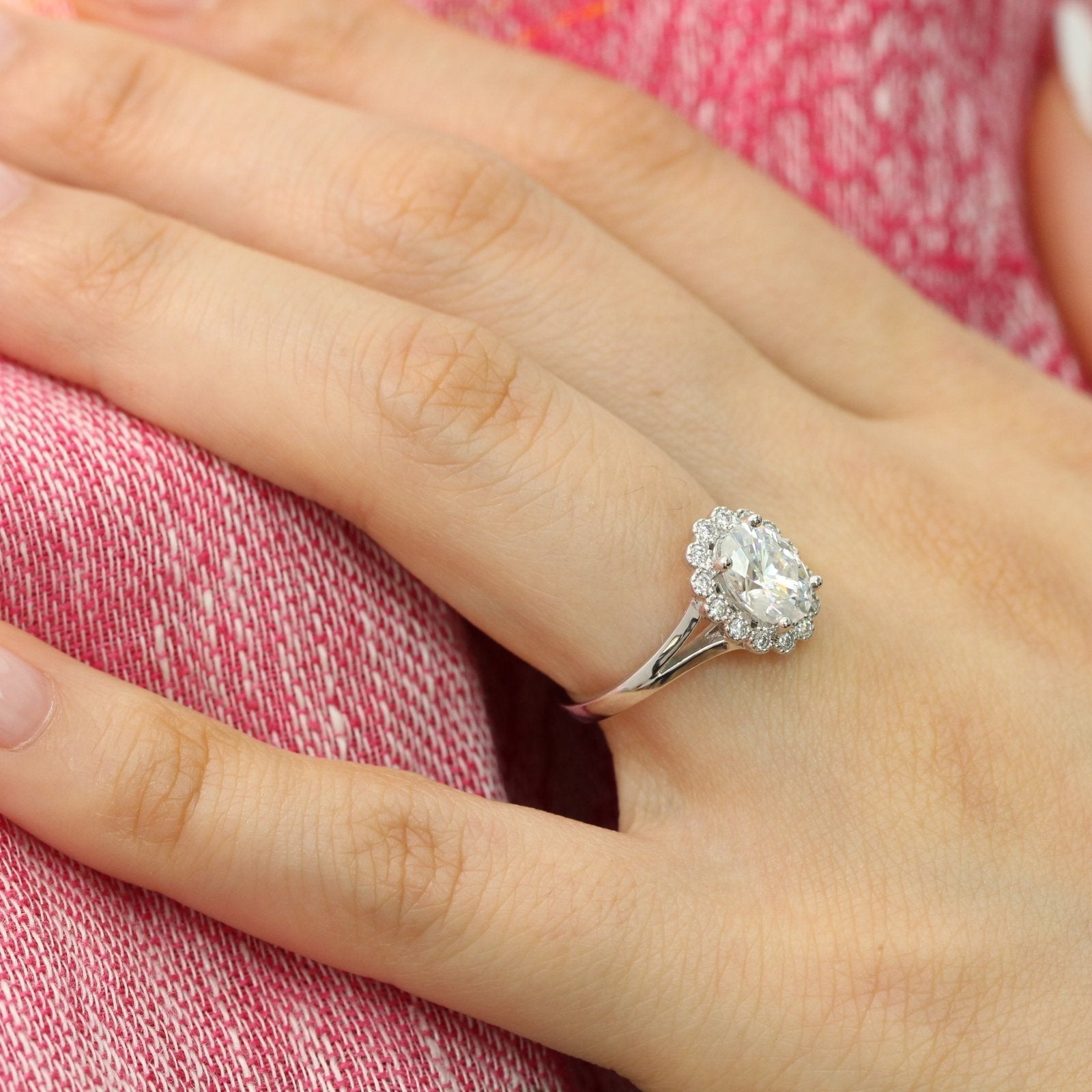 1.50 CT Oval Cut Moissanite Halo Split Shank Style Engagement Ring