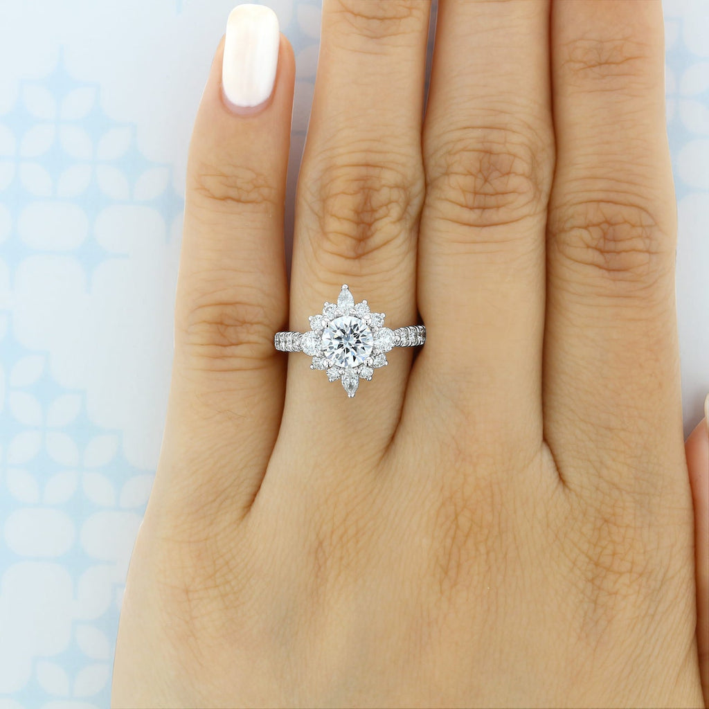 1.0ct Round Cut Cluster Halo Style Moissanite Engagement Ring