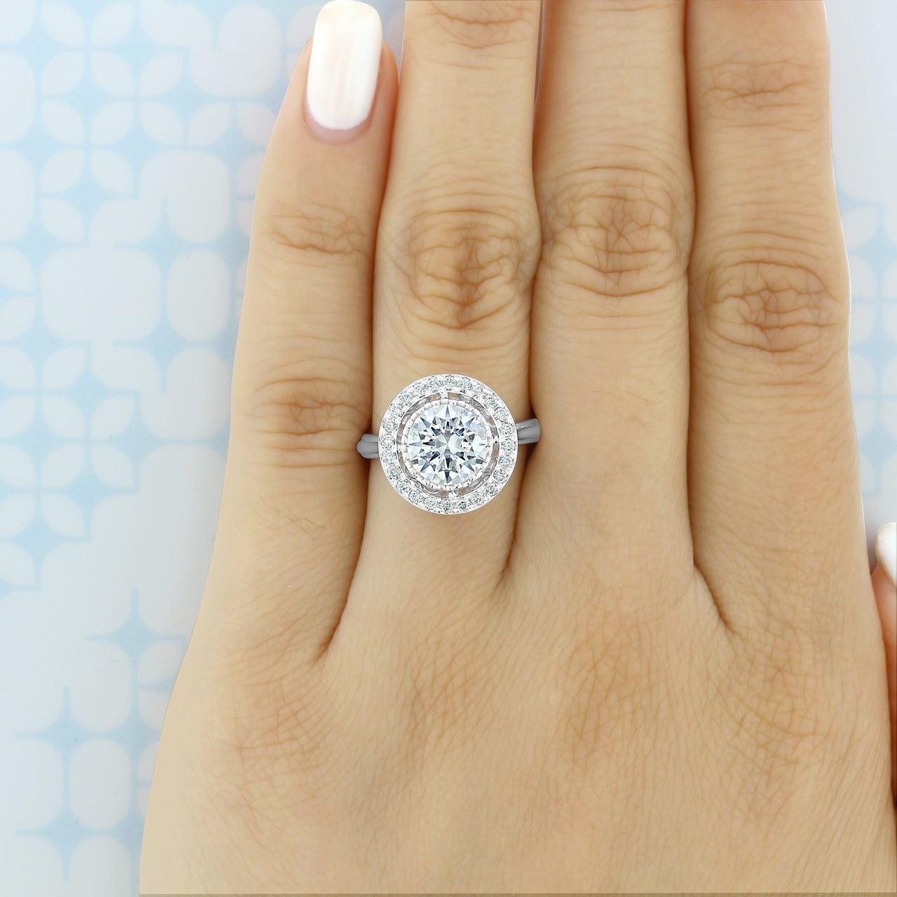 2.0ct Round Cut Moissanite Unique Halo Engagement Ring