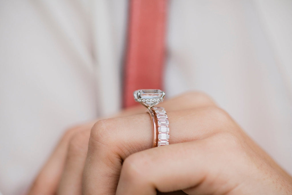 3.50 CT Emerald Cut Moissanite Solitaire & Hidden Halo Engagement Ring