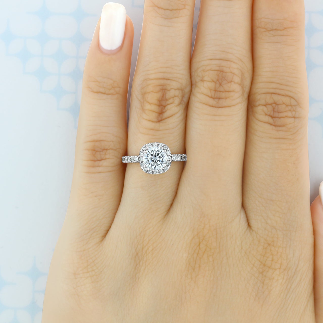 1.0ct Round Brilliant Cut Halo Style Moissanite Engagement Ring