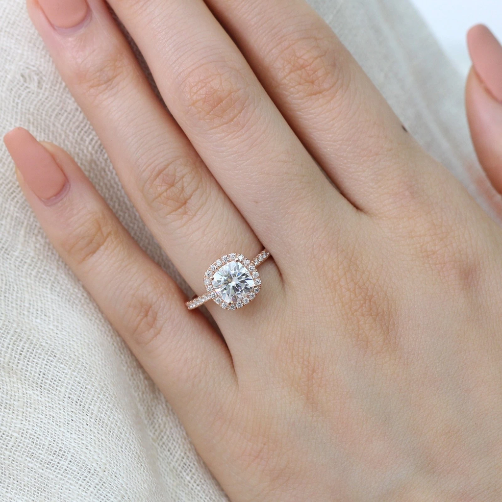 1.65CT Cushion Cut Moissanite Halo Engagement Ring