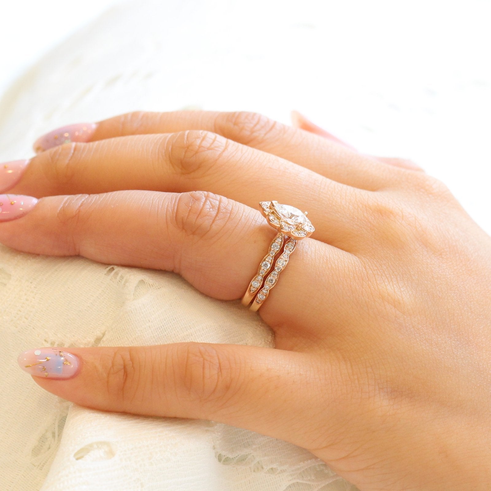 1.0CT Pear Cut Moissanite Vintage Halo Bridal Ring Set