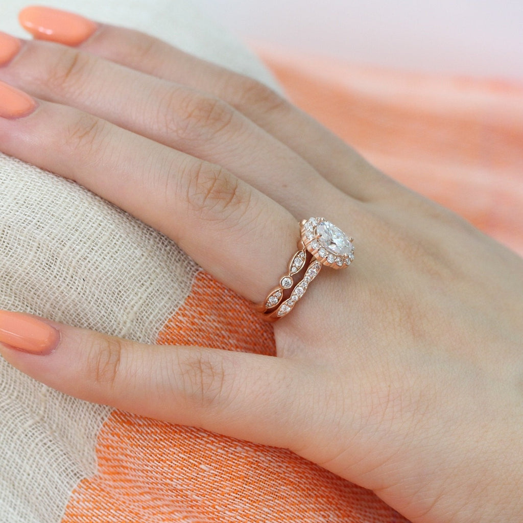 1.50CT Oval Cut Moissanite Halo Bridal Ring Set