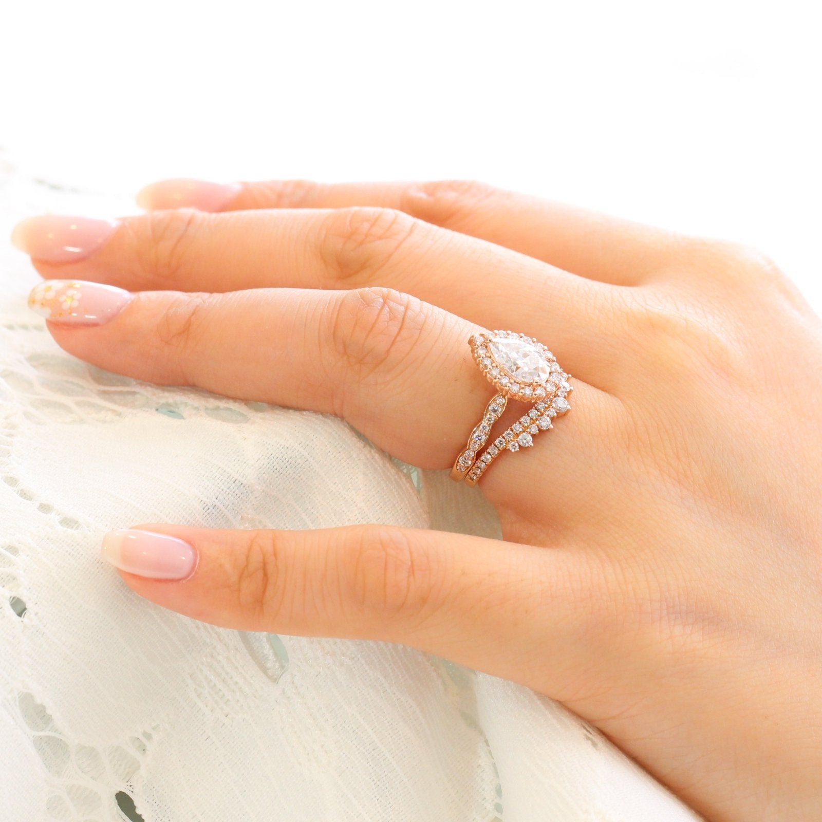 1.50CT Pear Cut Moissanite Halo Bridal Ring Set