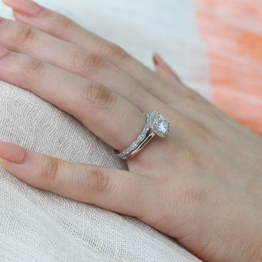 1.65CT Cushion Cut Moissanite Halo Bridal Ring Set