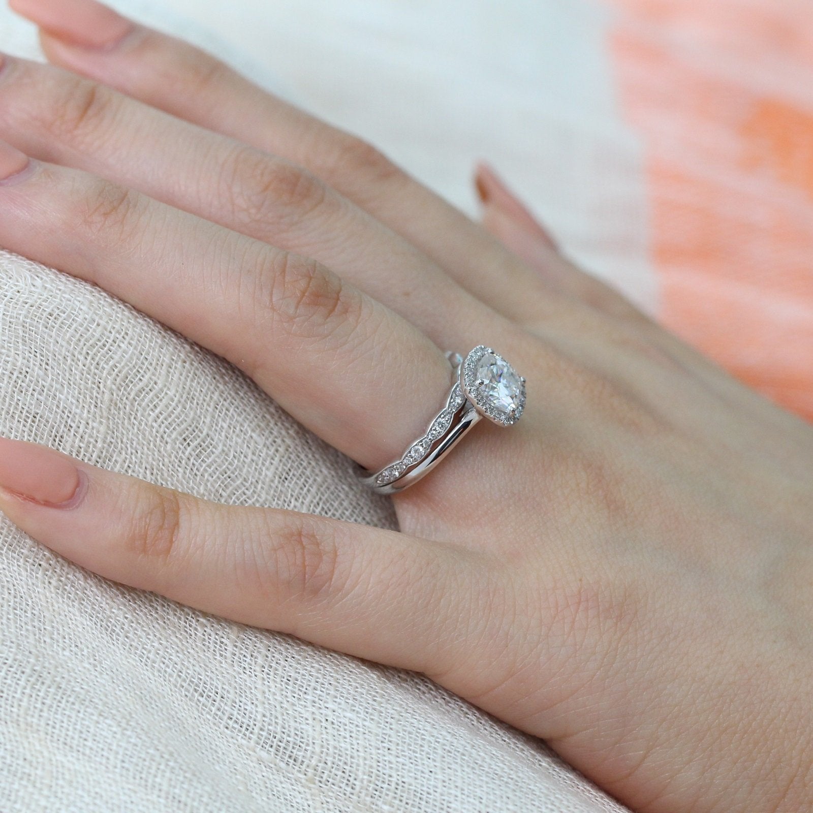 1.65CT Cushion Cut Moissanite Halo Bridal Ring Set