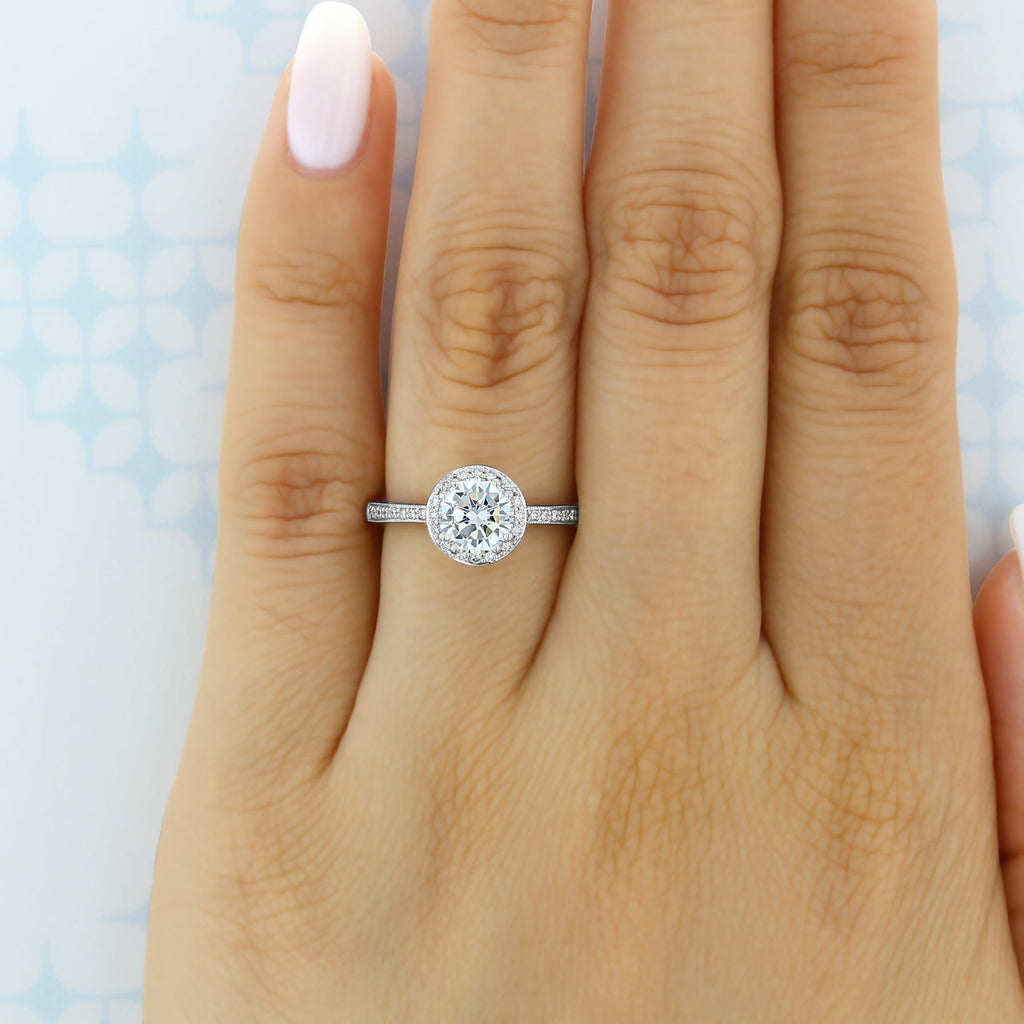 1.35CT Round Cut Halo Moissanite Engagement Ring in 18K White Gold