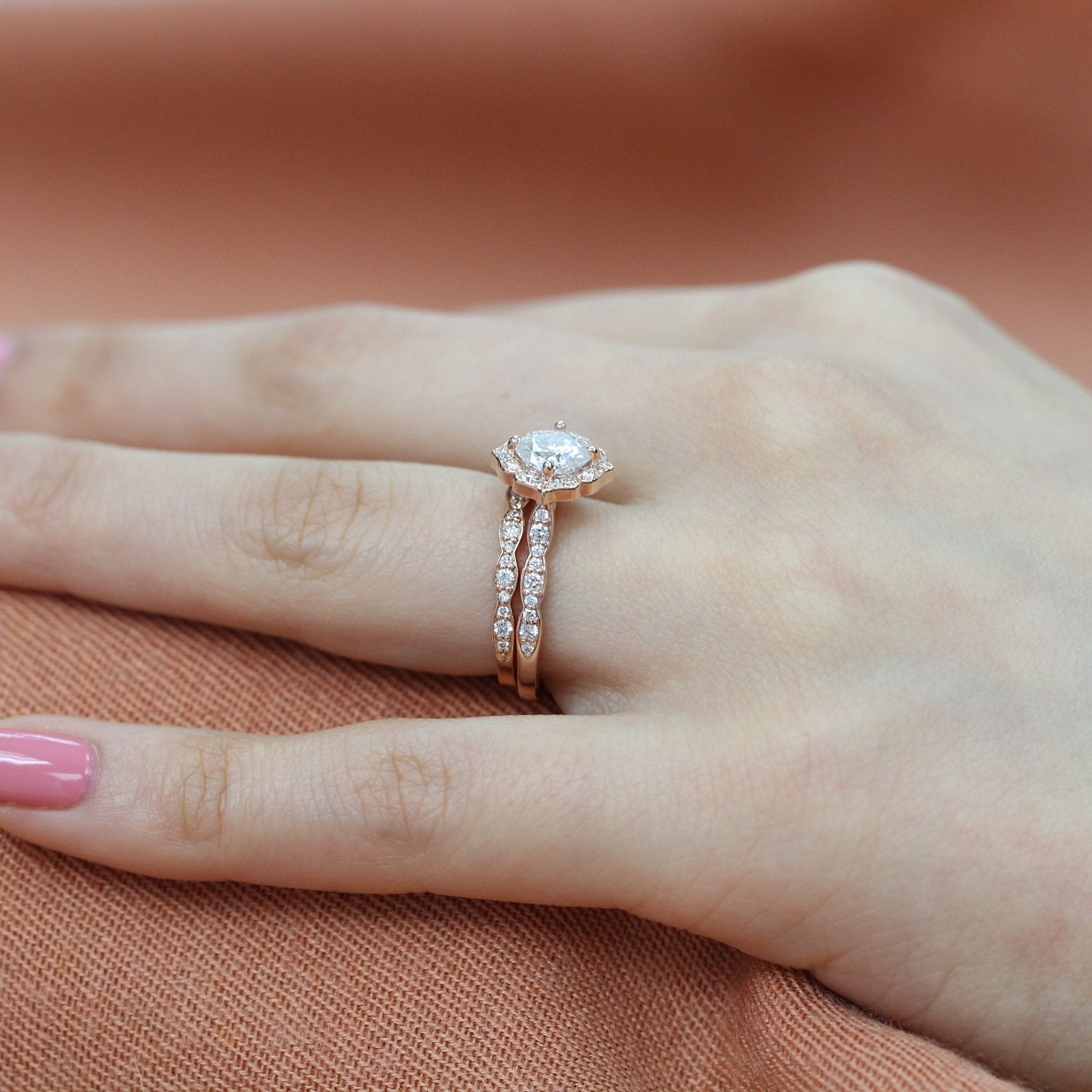 1.0 CT Cushion Cut Moissanite Halo Bridal Ring Set