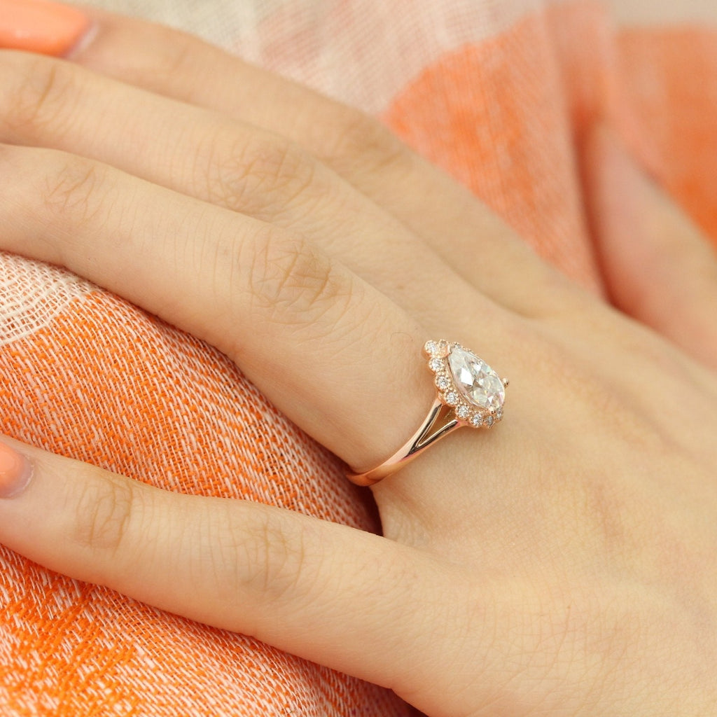 1.50 CT Pear Cut Moissanite Halo Split Shank Style Engagement Ring