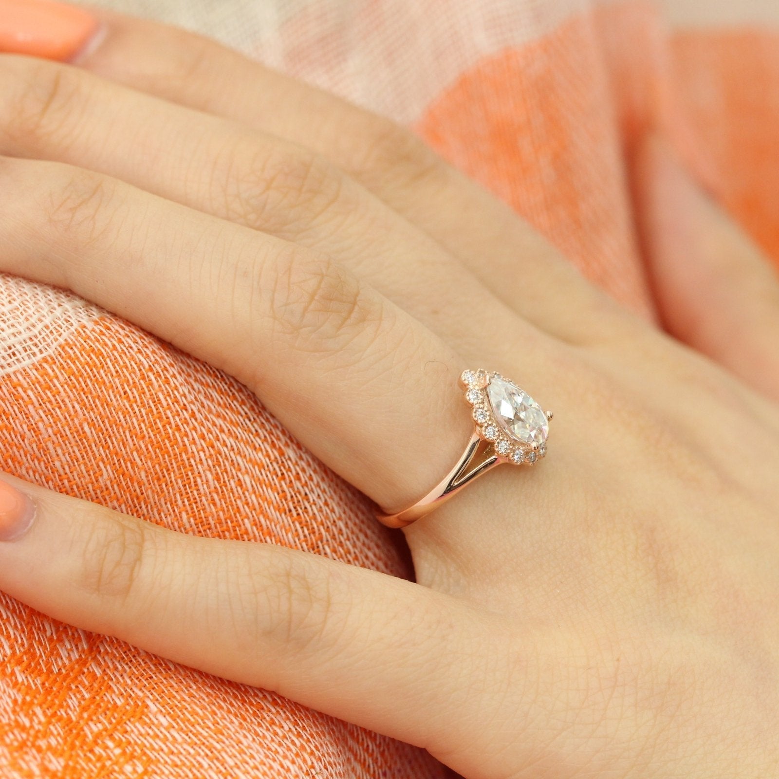 1.50 CT Pear Cut Moissanite Halo Split Shank Style Engagement Ring
