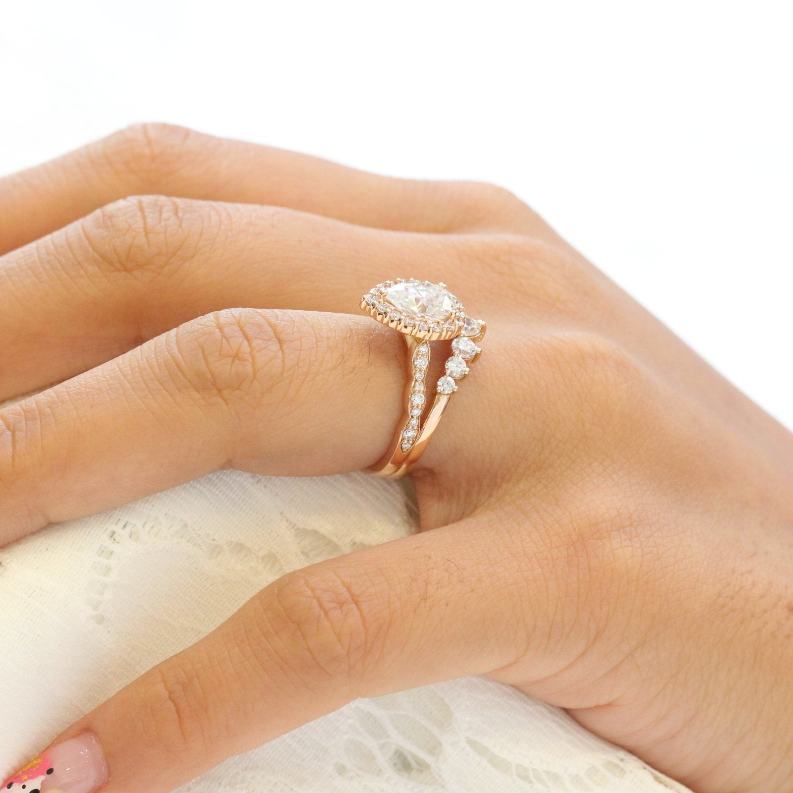 1.60 CT Pear Cut Moissanite Halo Bridal Ring Set