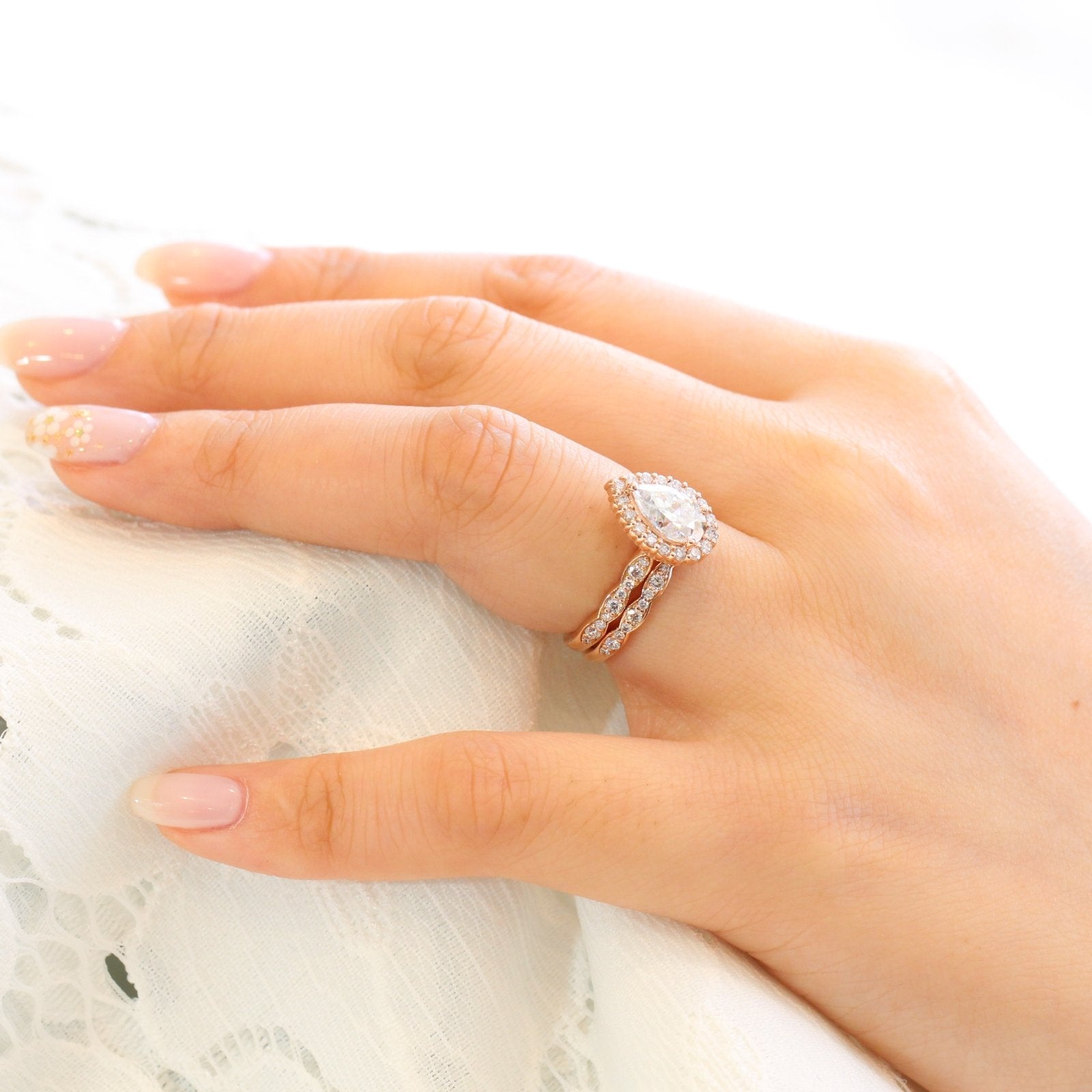 1.50CT Pear Cut Moissanite Halo Bridal Ring Set