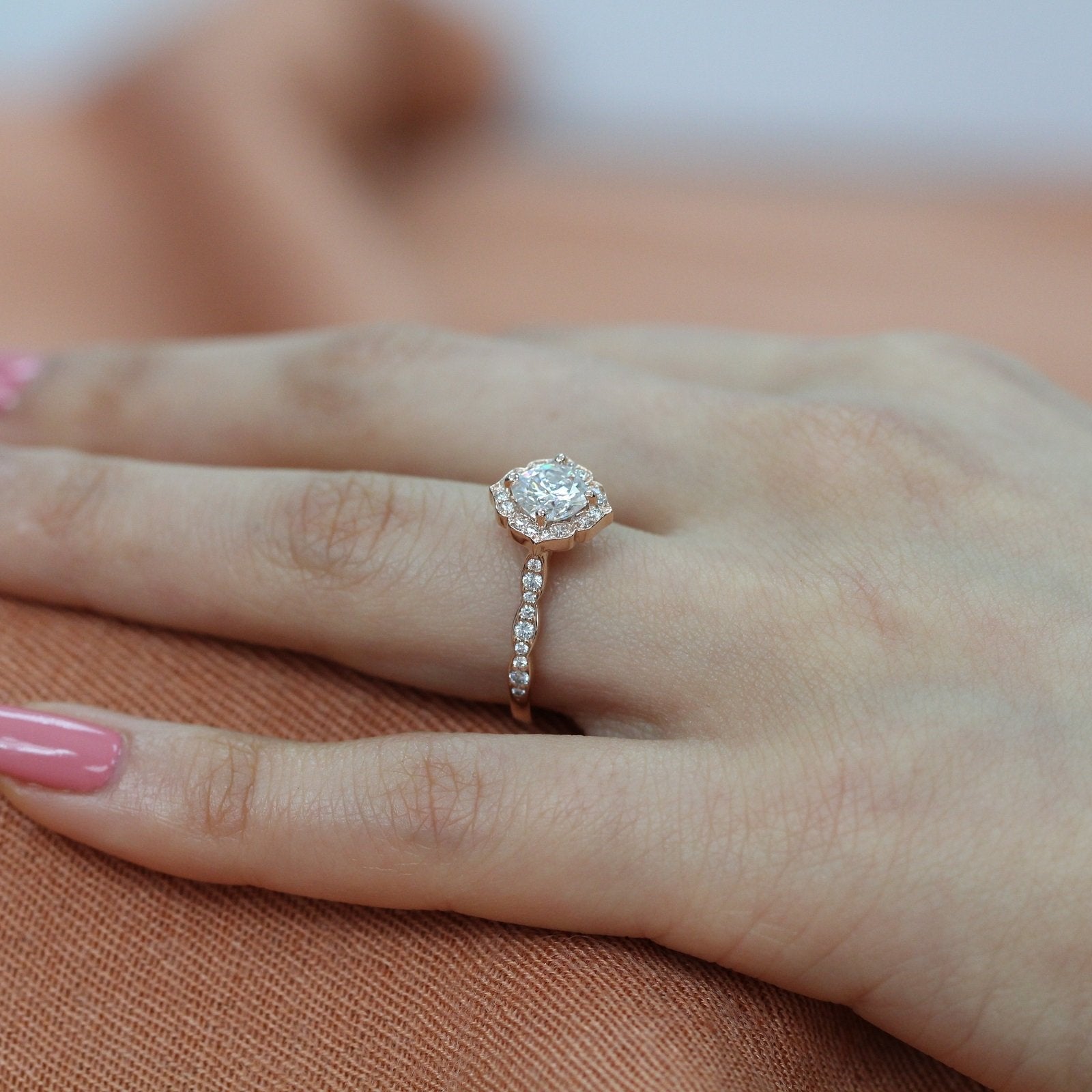 1.0 CT Cushion Cut Vintage Halo Style Moissanite Engagement Ring