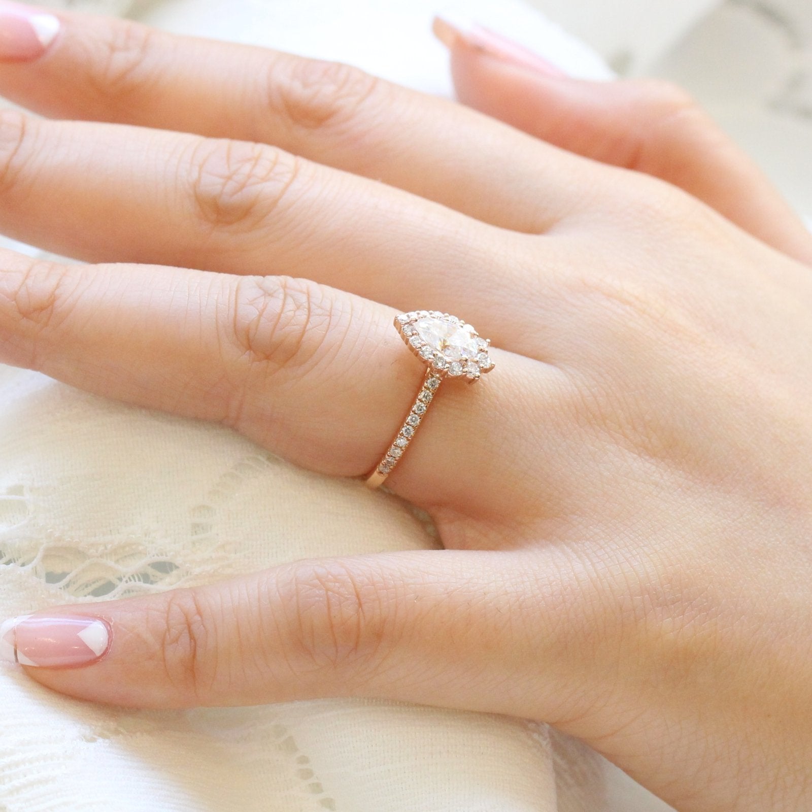 1.0 CT Pear Halo Style Pave Setting Moissanite Engagement Ring