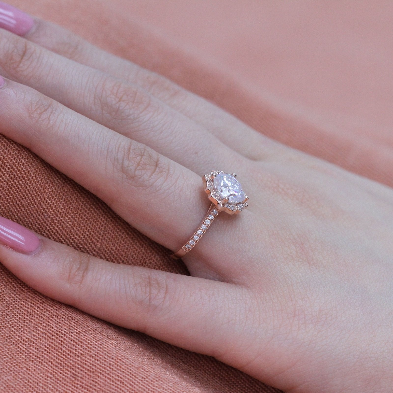 2.30CT Cushion Moissanite Vintage Halo Bridal Ring Set