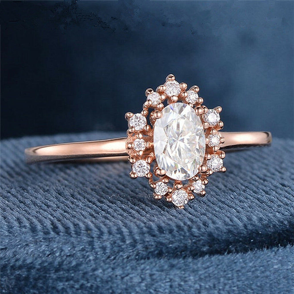1.0CT Oval Cut Cluster Halo Style Moissanite Engagement Ring