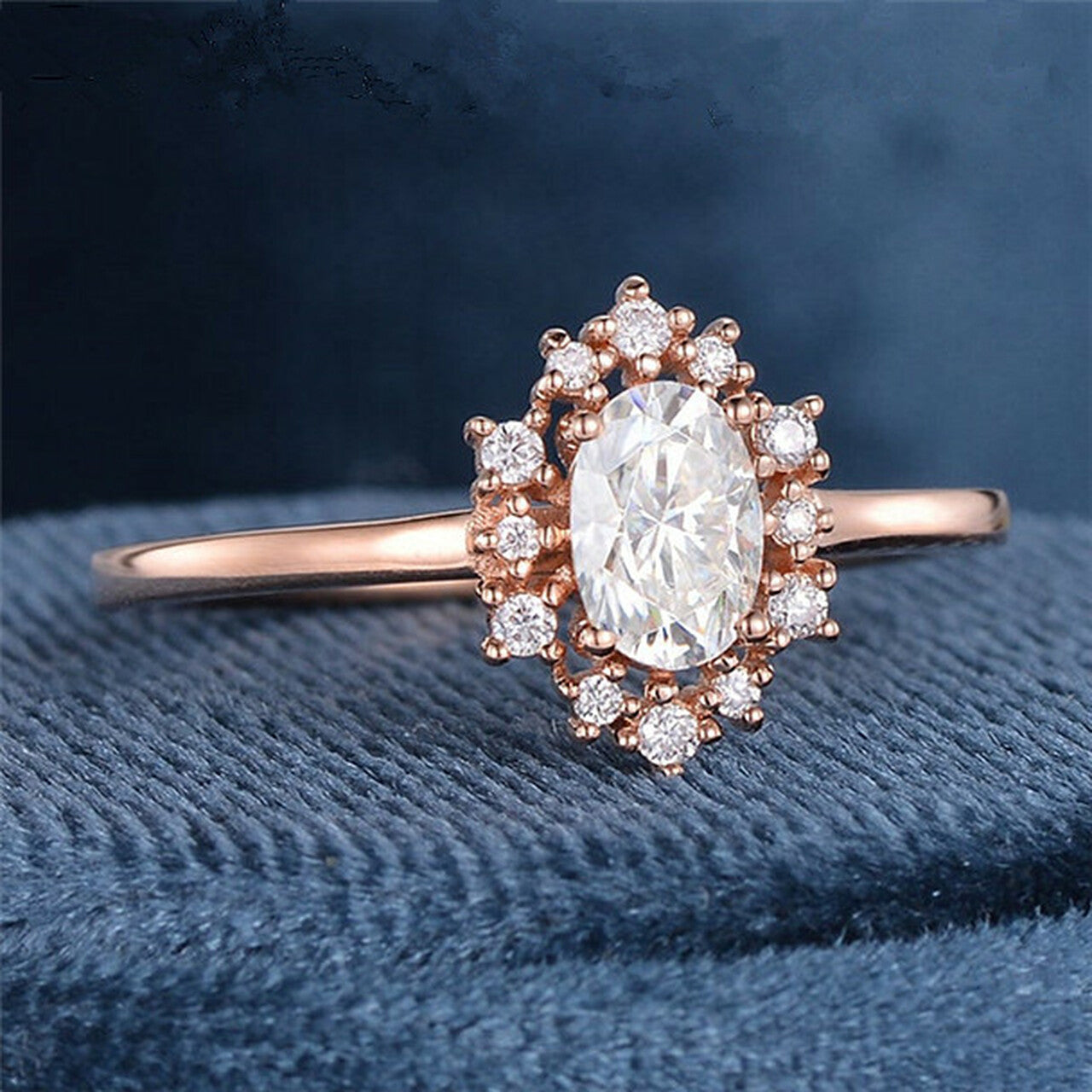 1.0CT Oval Cut Cluster Halo Style Moissanite Engagement Ring